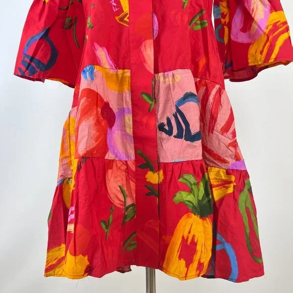NWOT FARM Rio Mixed Fruits Ocean Bright Vibrant Dress Ruffle Sleeve Size S